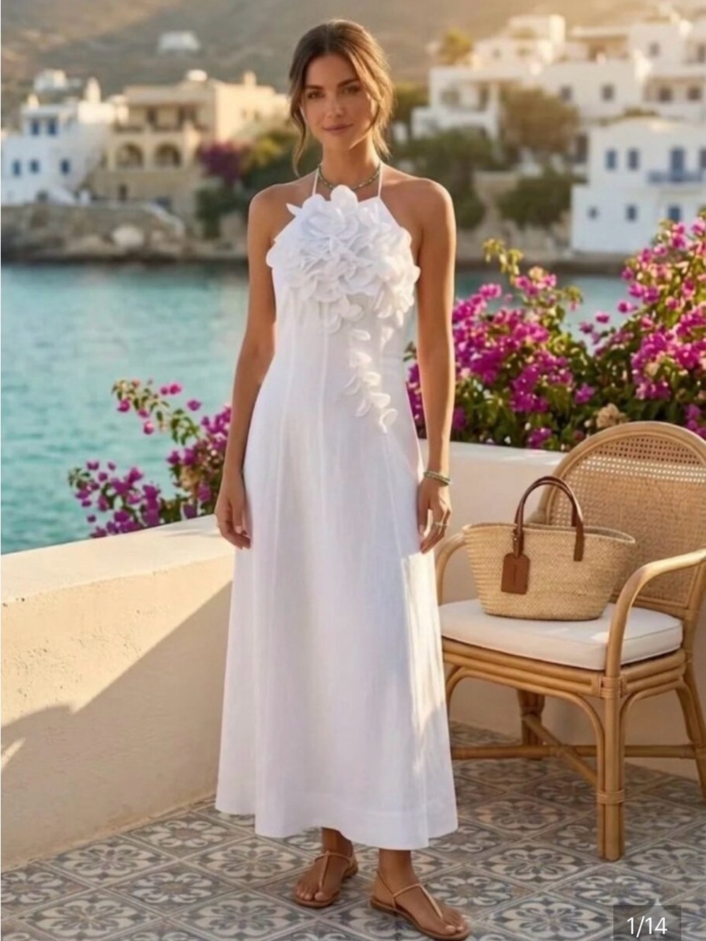 Caroline Constas White Halter Maxi with 3D Floral Applique